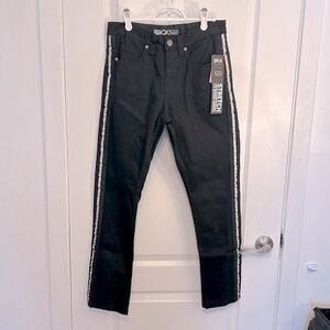 Brooklyn Xpress by Ricky Singh, stretch jeans, W 30 L 30, black w/stripe accent
